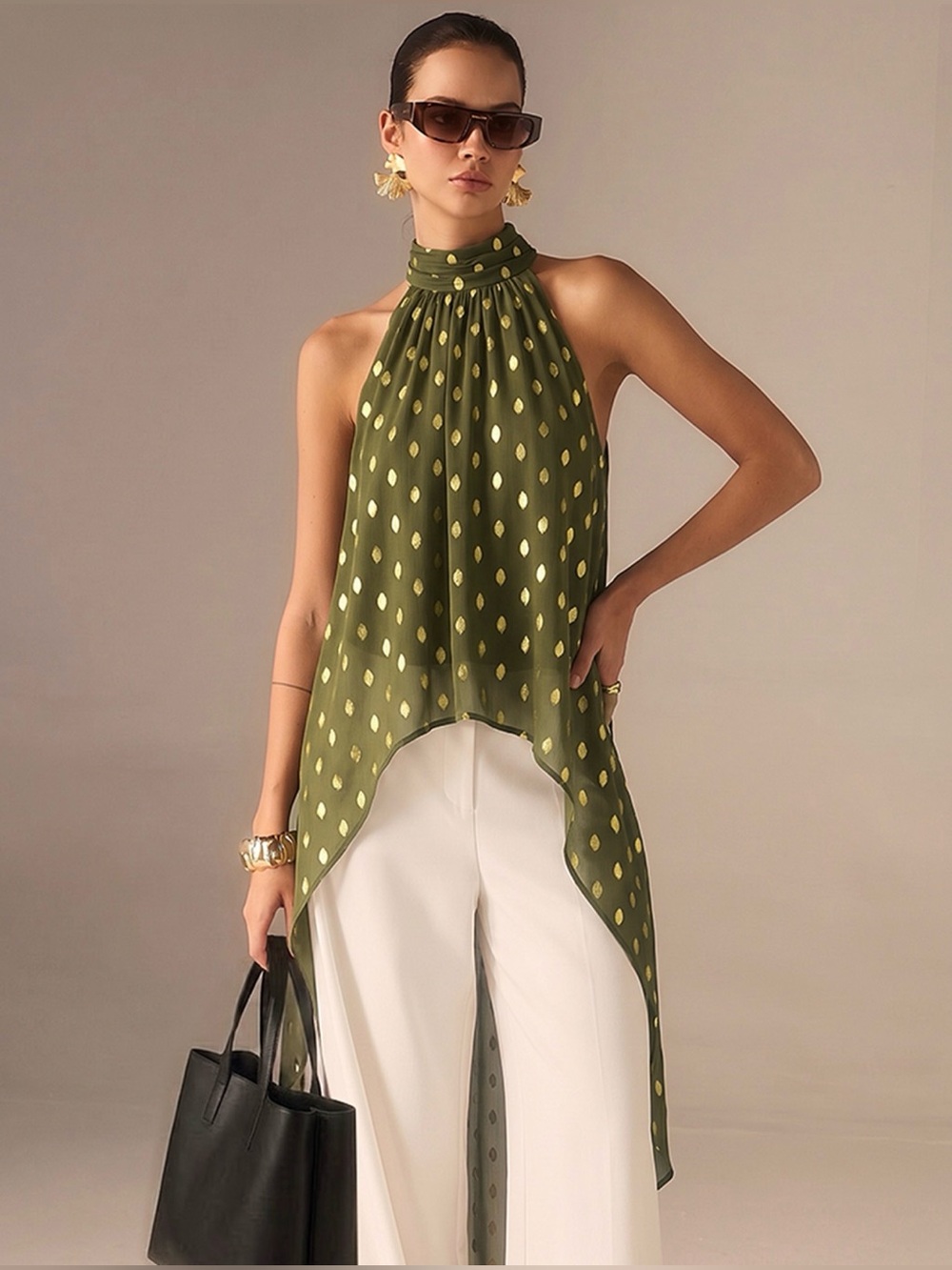 COMMENSE Olive Halter Polka Dot High-Low Asymmetrical Blouse - Size Large